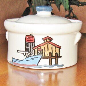 Vintage Crock Pyro Dish w Top Ceramic Soup Crock Butter Dish Boat by Dock Image